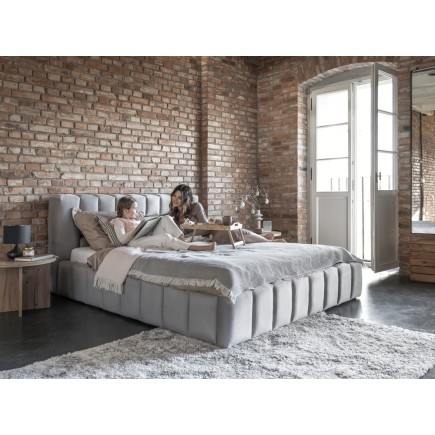 Lit 180x200 rembourré en velours luxe avec coffre et éclairage LED, gris, LANA