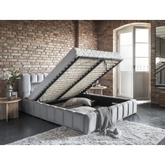 Lit 180x200 rembourré en velours luxe avec coffre et éclairage LED, gris, LANA