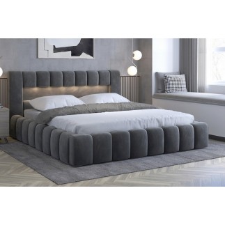 Lit 160x200 rembourré en velours luxe avec coffre et éclairage LED, gris foncé, LANA