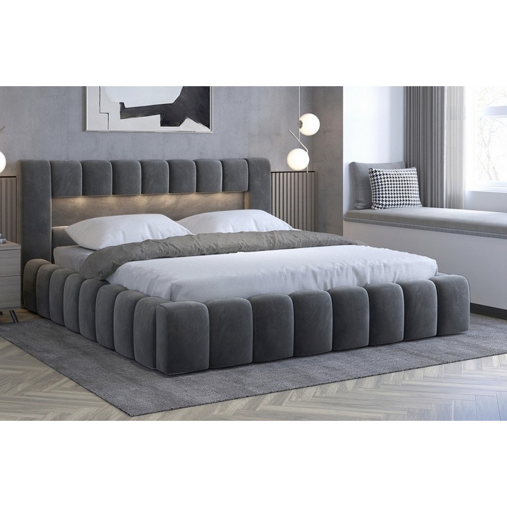 Lit 160x200 rembourré en velours luxe avec coffre et éclairage LED, gris foncé, LANA