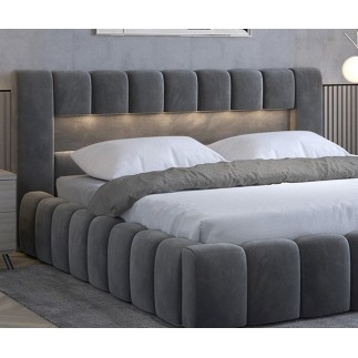 Lit 160x200 rembourré en velours luxe avec coffre et éclairage LED, gris foncé, LANA