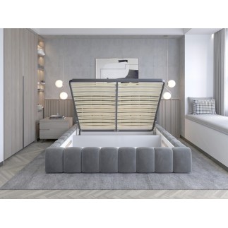 Lit 180x200 rembourré en velours luxe avec coffre et éclairage LED, gris foncé, LANA