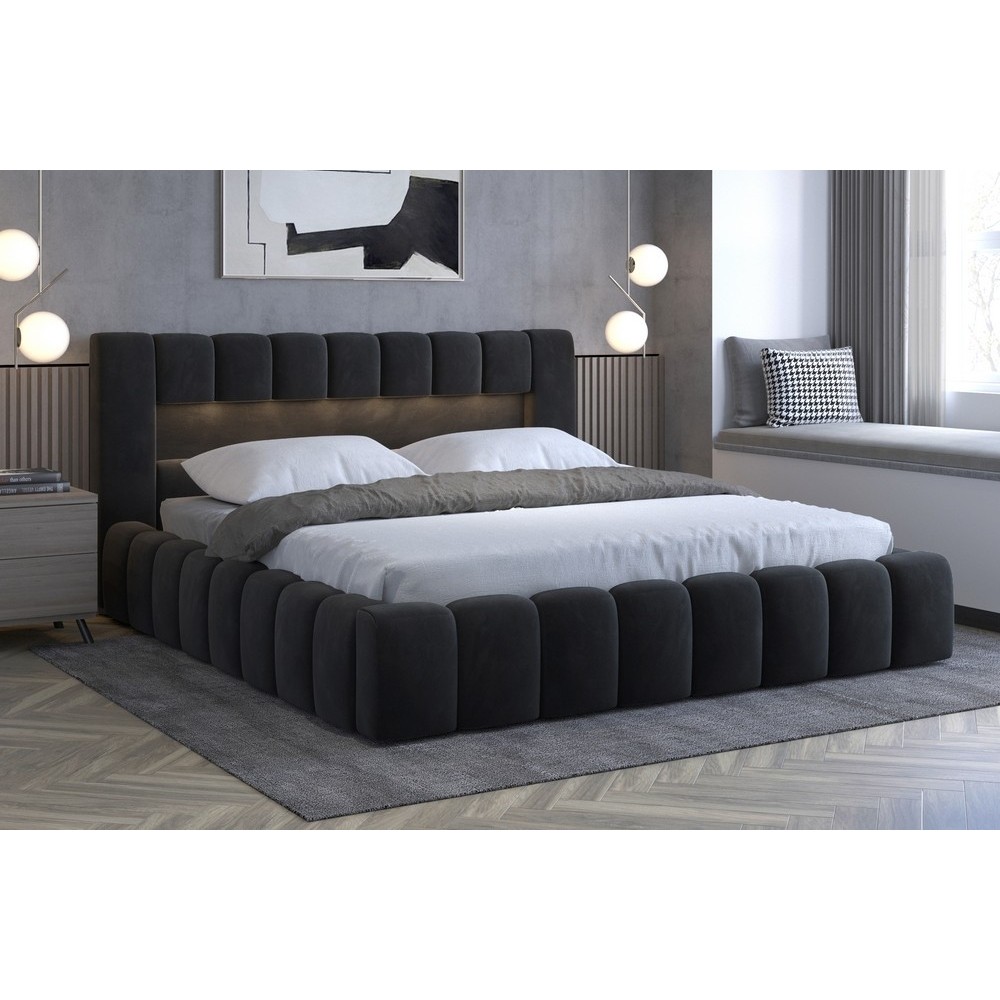 Lit 140x200 rembourré en velours luxe avec coffre et éclairage LED, anthracite, LANA