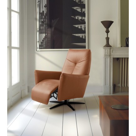 Fauteuil relax électrique en 100% tout cuir épais luxe italien, cognac, CLAUDIO, 2 moteurs