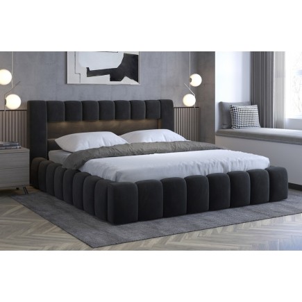 Lit 180x200 rembourré en velours luxe avec coffre et éclairage LED, anthracite, LANA