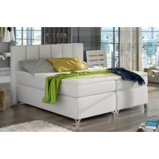 Ensemble boxspring complet tête de lit + sommiers + matelas + surmatelas BASSANO - en simili cuir blanc cassé - 140x200 cm