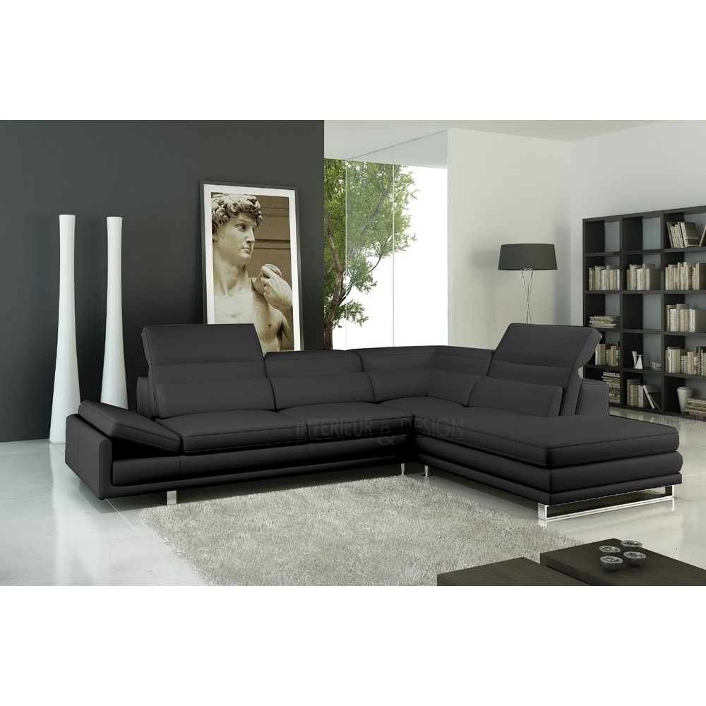 Canapé d'angle en cuir italien 6/7 places IZEN, noir, version LUXE, angle droit