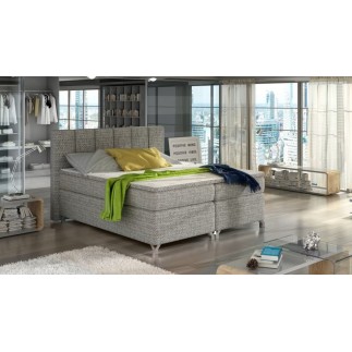 Ensemble boxspring complet tête de lit + sommiers + matelas + surmatelas BASSANO - en tissu gris chiné - 140x200 cm