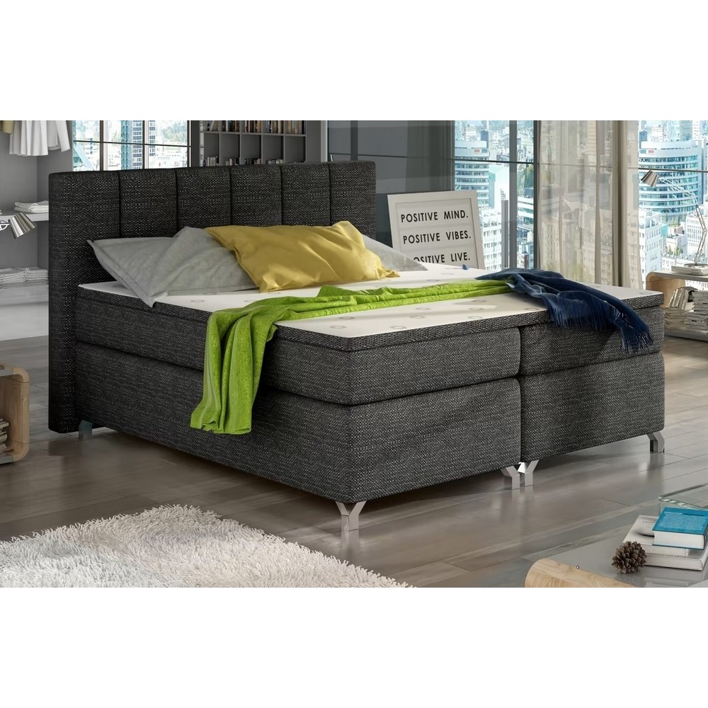 Ensemble boxspring complet tête de lit + sommiers + matelas + surmatelas BASSANO - en tissu gris-noir - 140x200 cm