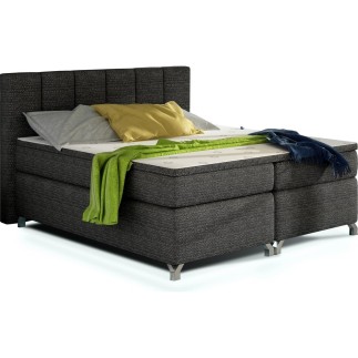 Ensemble boxspring complet tête de lit + sommiers + matelas + surmatelas BASSANO - en tissu gris-noir - 140x200 cm