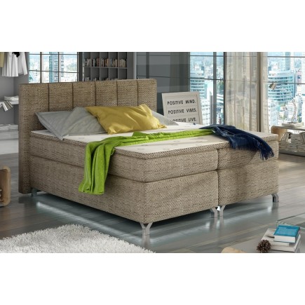Ensemble boxspring complet tête de lit + sommiers + matelas + surmatelas BASSANO - en tissu marron chiné - 140x200 cm