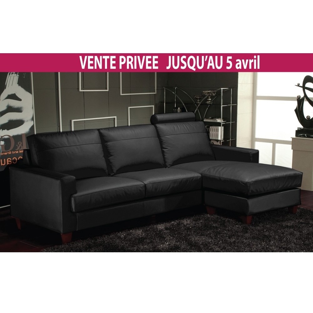 Canapé d'angle en cuir italien 4/5 places BAGGI, blanc, Noir, angle gauche