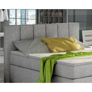 Ensemble boxspring complet tête de lit + sommiers + matelas + surmatelas BASSANO - en tissu gris - 160x200 cm