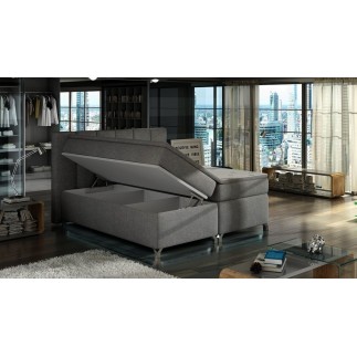 Ensemble boxspring complet tête de lit + sommiers + matelas + surmatelas BASSANO - en tissu gris - 160x200 cm
