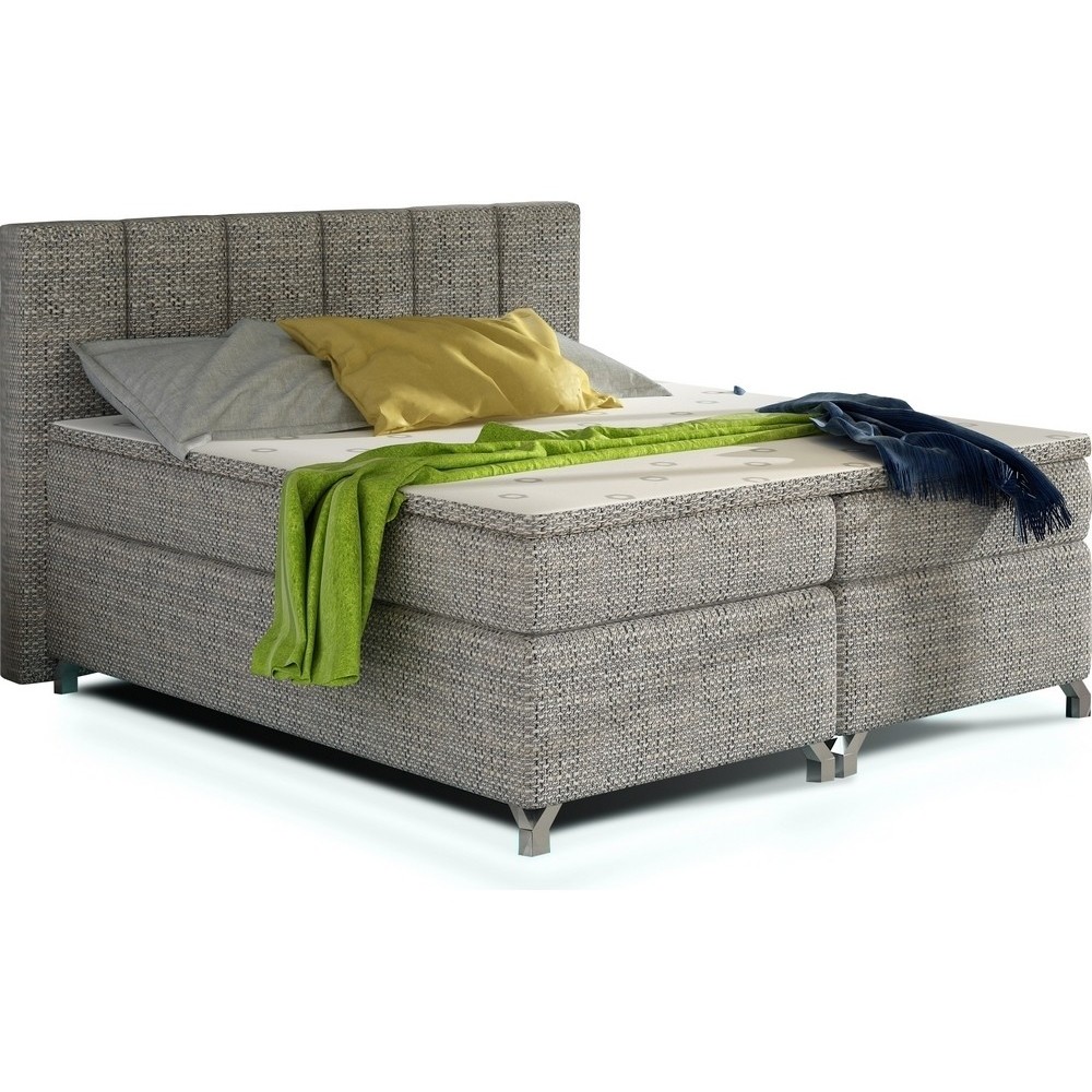 Ensemble boxspring complet tête de lit + sommiers + matelas + surmatelas BASSANO - en tissu gris chiné - 180x200 cm