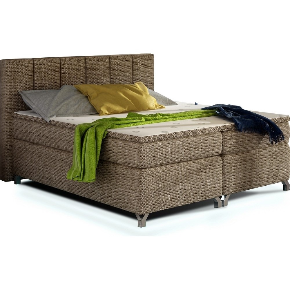 Ensemble boxspring complet tête de lit + sommiers + matelas + surmatelas BASSANO - en tissu marron chiné - 180x200 cm