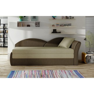 Banquette lit gigogne en tissu de qualité beige et chocolat, angle droit - AGATA, 3 places