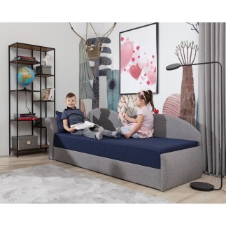 Banquette lit gigogne en tissu de qualité bicolore noir et gris-vert, angle gauche - AGATA