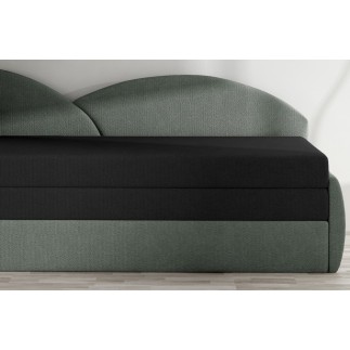 Banquette lit gigogne en tissu de qualité bicolore noir et gris-vert, angle gauche - AGATA