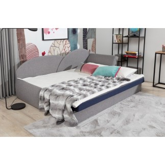 Banquette lit gigogne en tissu de qualité bicolore noir et gris-vert, angle droit- AGATA