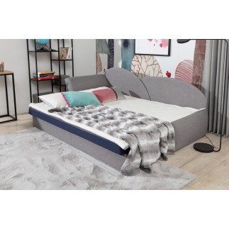Banquette lit gigogne en tissu de qualité rose et gris, angle gauche - AGATA