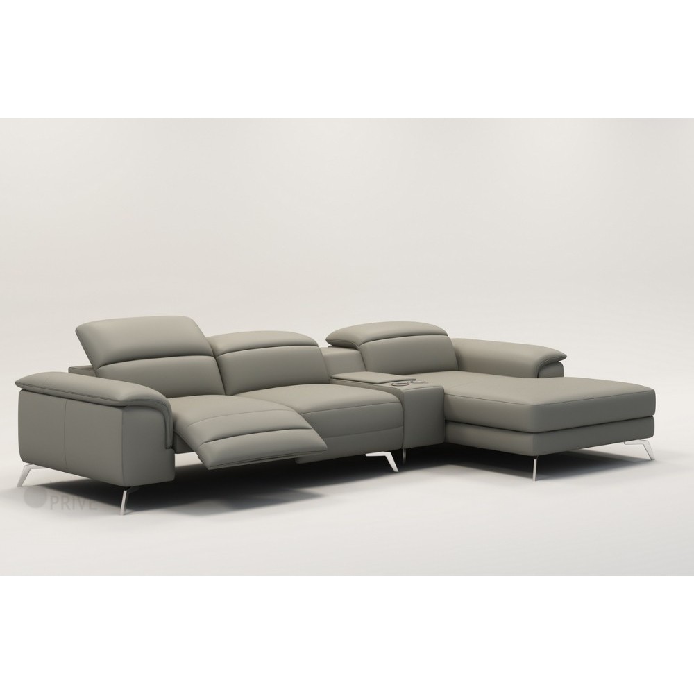 Canapé d'angle en cuir italien 5 places RELAXIA, gris clair, angle droit