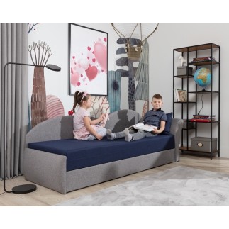 Banquette lit gigogne en tissu de qualité rose et gris, angle droit - AGATA