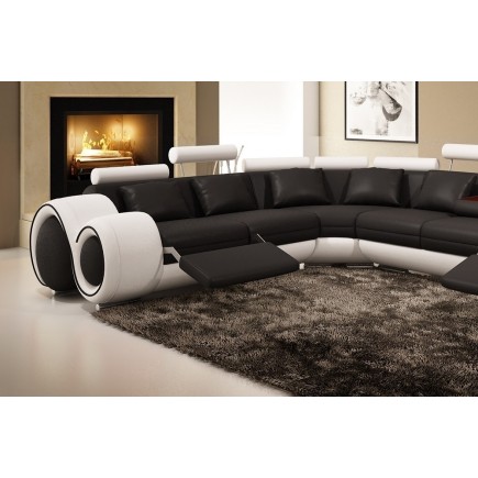- Canapé d'angle en cuir italien : 5/6 places PETIT EXCELIA, noir et blanc, angle gauche -