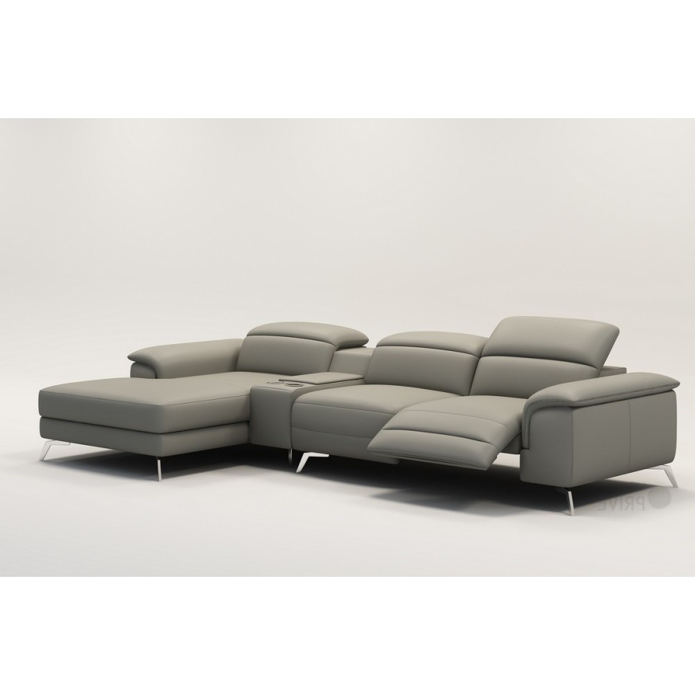 Canapé d'angle en cuir italien 5 places RELAXIA, gris clair, angle gauche