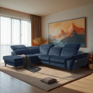 Canapé d'angle avec relax électrique tissu bouclette sensation velours, 5/6 places SINATRA, bleu foncé, angle droit