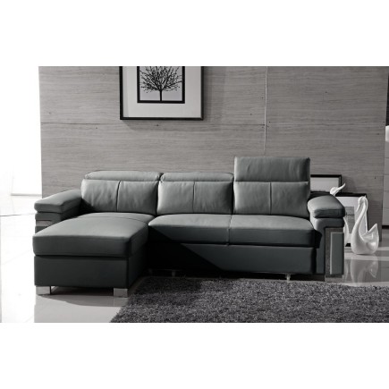 Canapé d'angle convertible en cuir buffle italien 5 places, ALLURE, gris foncé, angle gauche