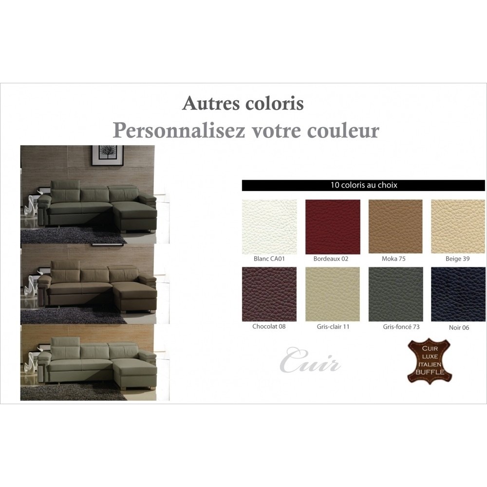 Canapé d'angle convertible en cuir buffle italien 5 places, ALLURE, couleur personnalisée, angle droit