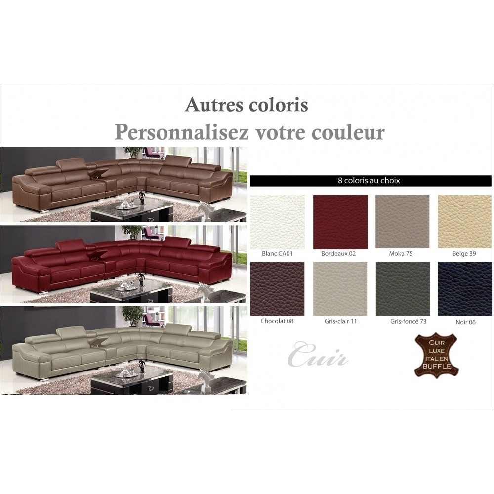 Canapé d'angle en cuir buffle italien de luxe 7 places LONDRES couleur personnalisée, angle droit