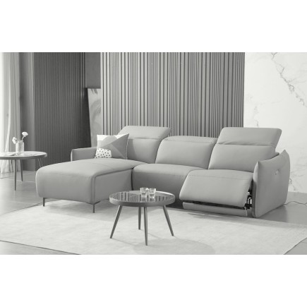 Canapé d'angle avec un relax électrique en cuir de buffle italien de luxe 6 places BOSTON gris clair, angle gauche