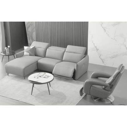 Canapé d'angle avec un relax électrique en cuir de buffle italien de luxe 6 places BOSTON gris clair, angle gauche
