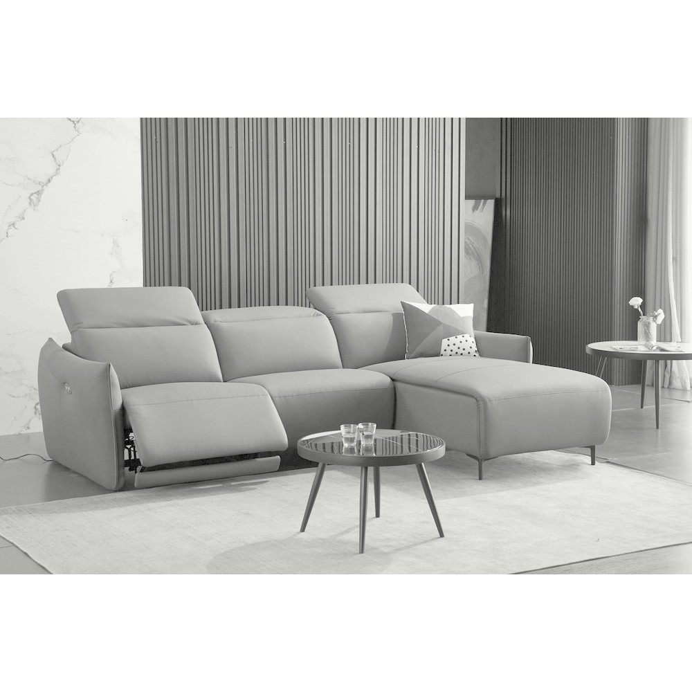 Canapé d'angle avec un relax électrique en cuir de buffle italien de luxe 6 places BOSTON gris clair, angle droit