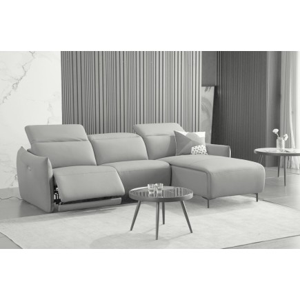 Canapé d'angle avec un relax électrique en cuir de buffle italien de luxe 6 places BOSTON gris clair, angle droit