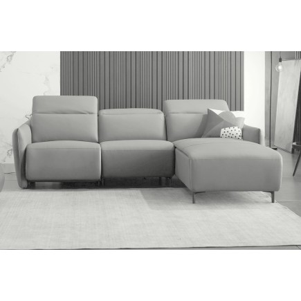 Canapé d'angle avec un relax électrique en cuir de buffle italien de luxe 6 places BOSTON gris clair, angle droit