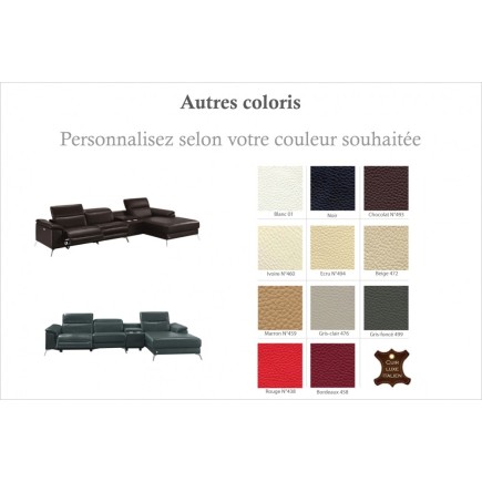 Canapé d'angle en cuir italien 5 places RELAXIA, couleur personnalisée