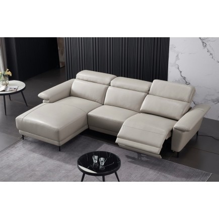 - Canapé d'angle en cuir buffle italien de luxe 6/7 places LORENZO, gris clair, angle gauche