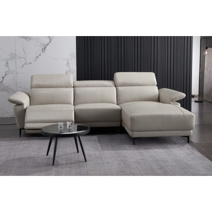 Canapé d'angle en cuir buffle italien de luxe 6/7 places LORENZO, gris clair, angle droit