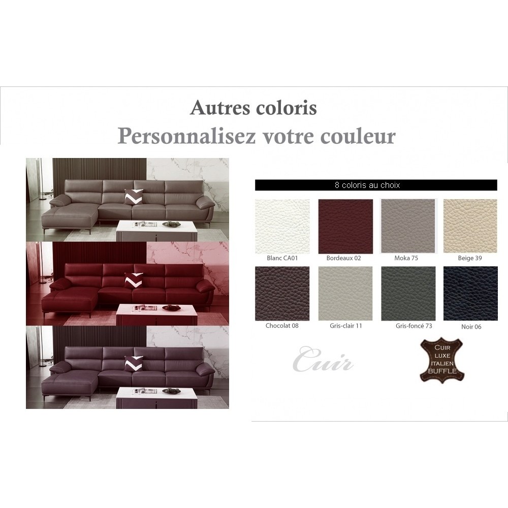 Canapé d'angle en cuir buffle italien de luxe 6/7 places MATTEO, couleur personnalisée, angle gauche