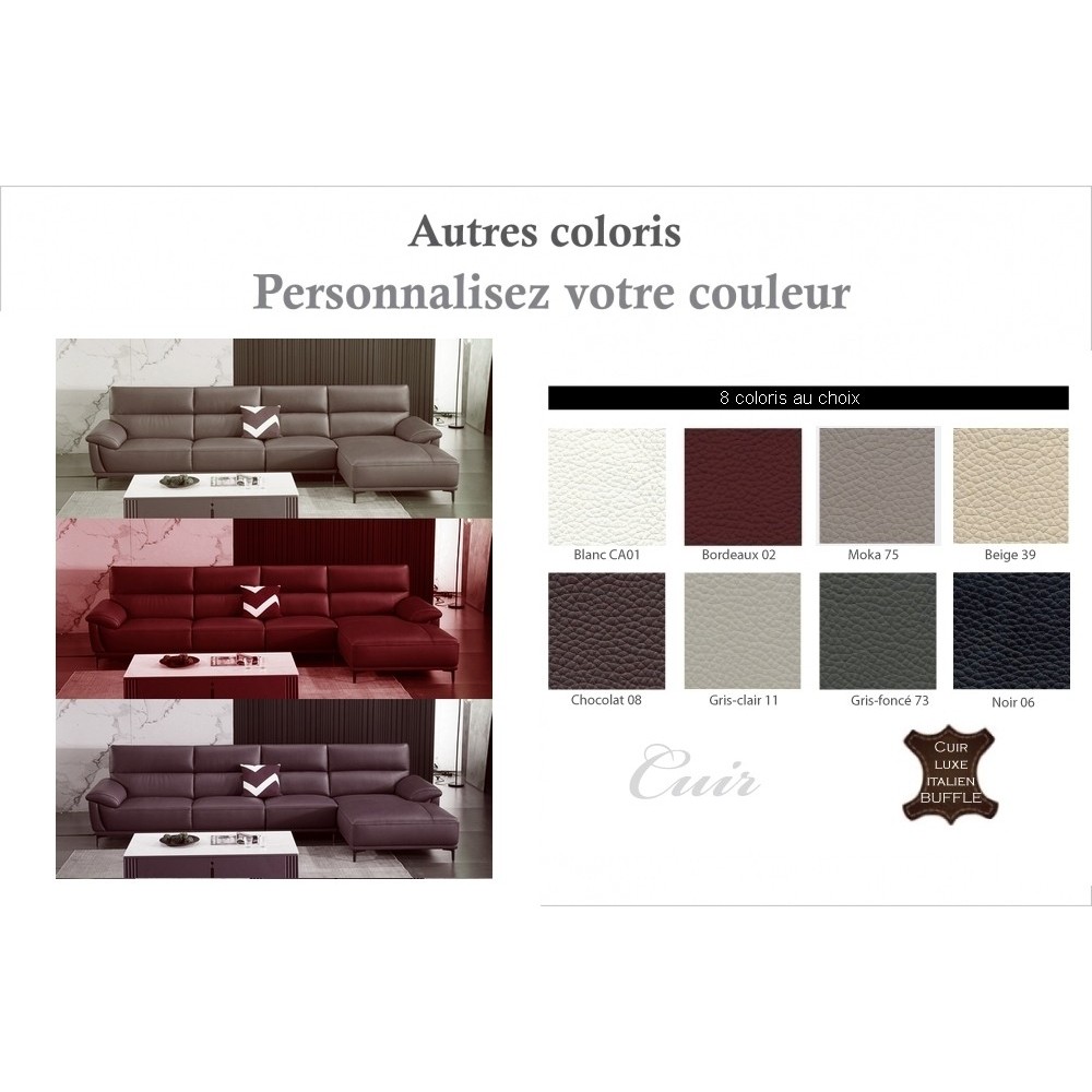 Canapé d'angle en cuir buffle italien de luxe 6/7 places MATTEO, couleur personnalisée, angle droit