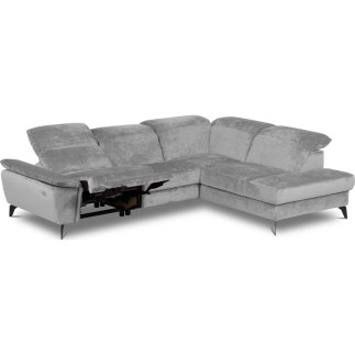 Canapé d'angle avec relax électrique tissu bouclette sensation velours, 5/6 places SINATRA, gris, angle droit