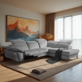 Canapé d'angle avec relax électrique tissu bouclette sensation velours