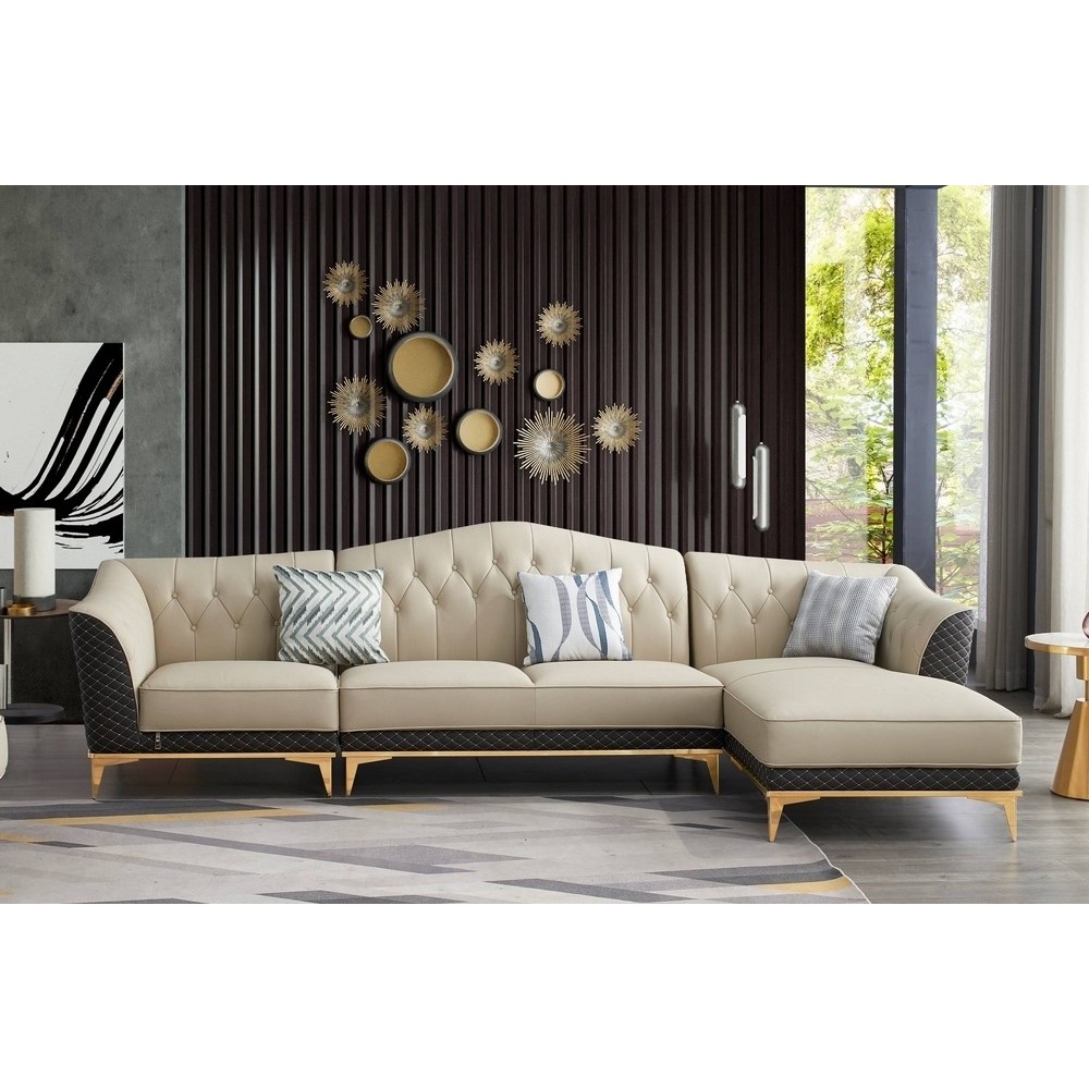 Canapé d'angle en cuir buffle italien de luxe 6/7 places PALACE, beige et chocolat, angle droit
