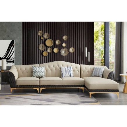 Canapé d'angle en cuir buffle italien de luxe 6/7 places PALACE, beige et chocolat, angle droit