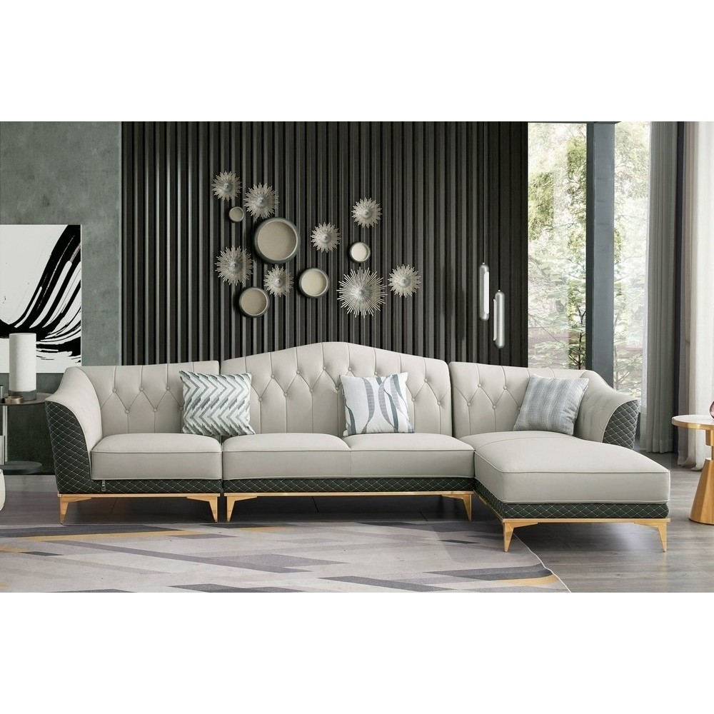 Canapé d'angle en cuir buffle italien de luxe 6/7 places PALACE, gris clair et gris foncé, angle droit