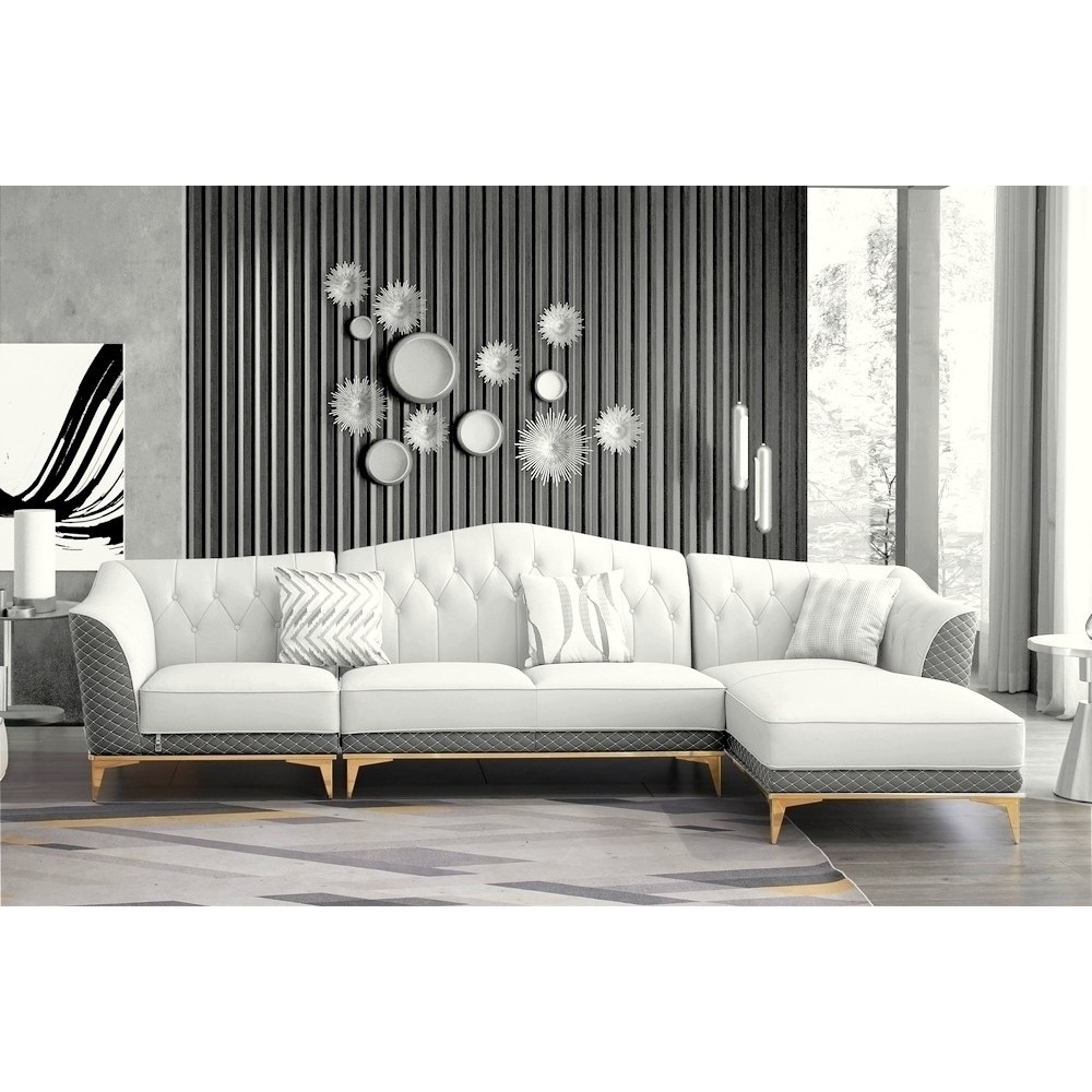 Canapé d'angle en cuir buffle italien de luxe 6/7 places PALACE, blanc crème et gris, angle droit, Blanc cassé / Gris