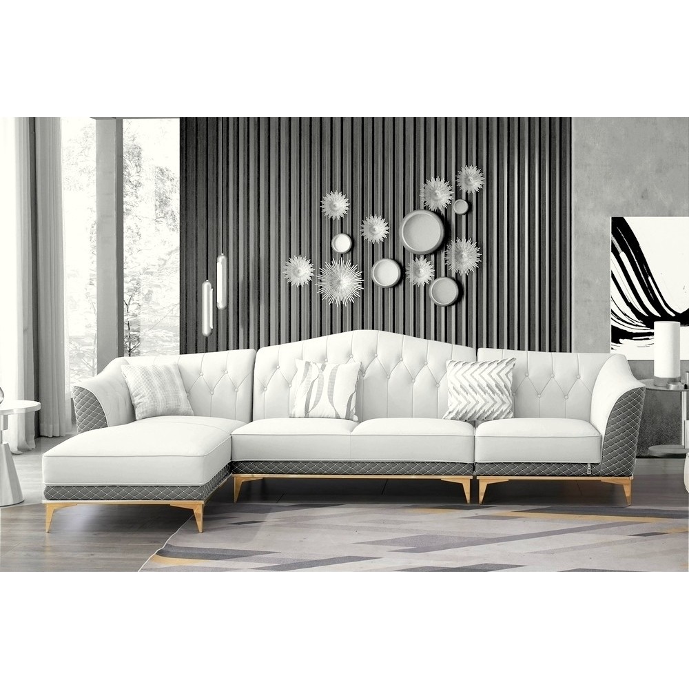 Canapé d'angle en cuir buffle italien de luxe 6/7 places - PALACE, blanc crème et gris, angle gauche, Blanc cassé / Gris